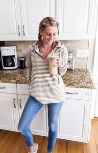Beige Striped Henley Hoodie