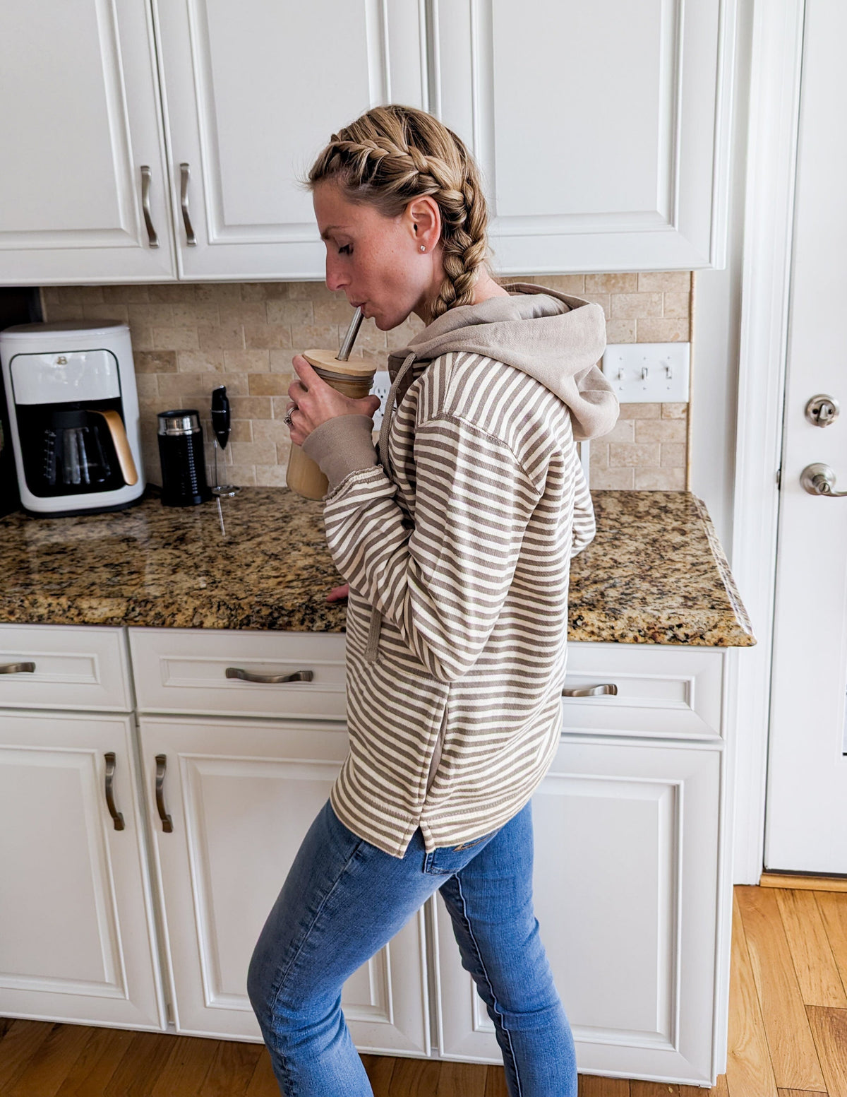Beige Striped Henley Hoodie