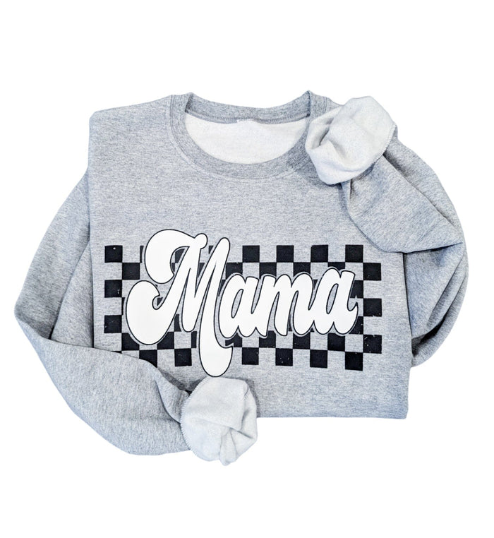 Grey Puff Paint Checkered Mama Crew