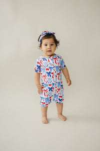 Bamboo Shorty Romper  | Red-White & Bows