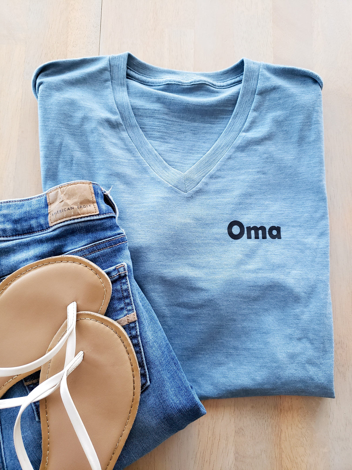 Basic V-Neck Cotton Oma Blue Tee for Women