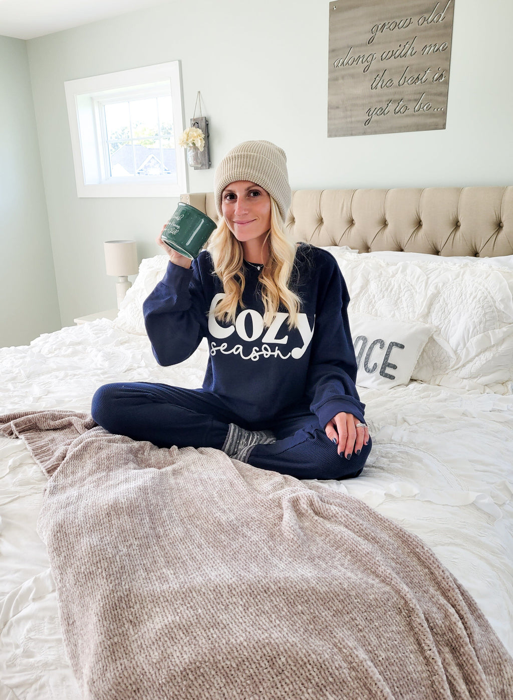 Cozy Season Navy Waffle Knit Sweatshirt – Right Here At Home