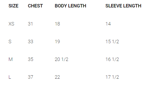 Kids sizing chart