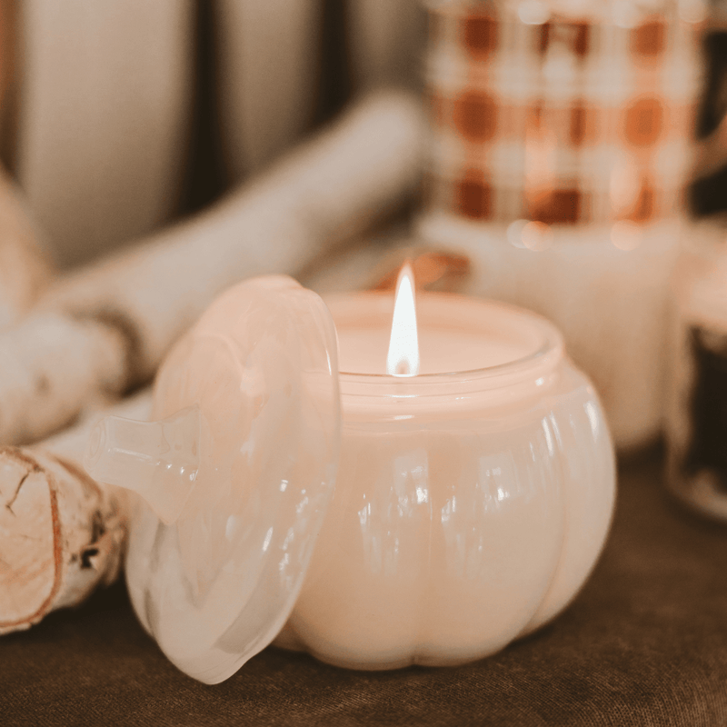 Warm and Cozy Soy Candle - White Translucent Glass Pumpkin Jar - 20 oz
