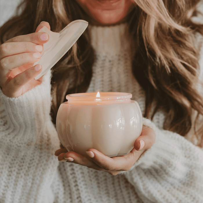 Warm and Cozy Soy Candle - White Translucent Glass Pumpkin Jar - 20 oz