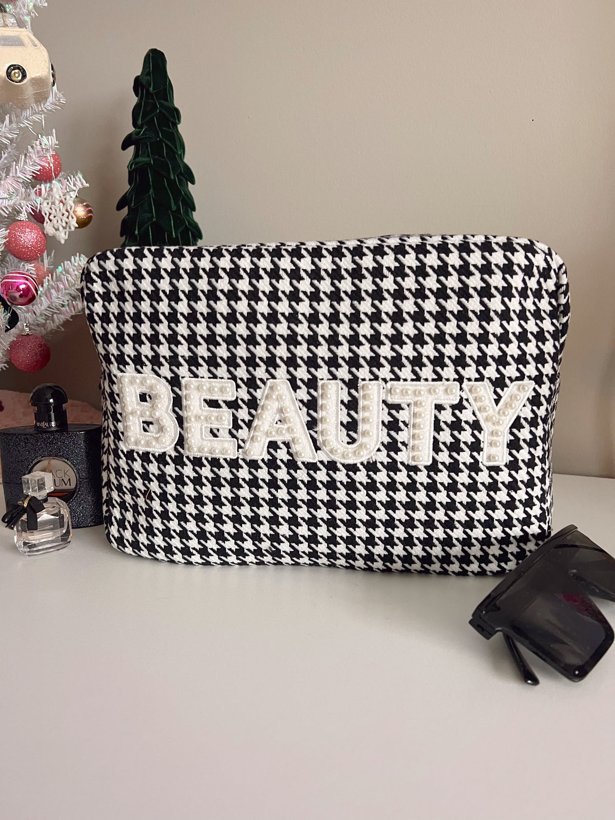 Houndstooth Beauty XL Makeup Bag - Black