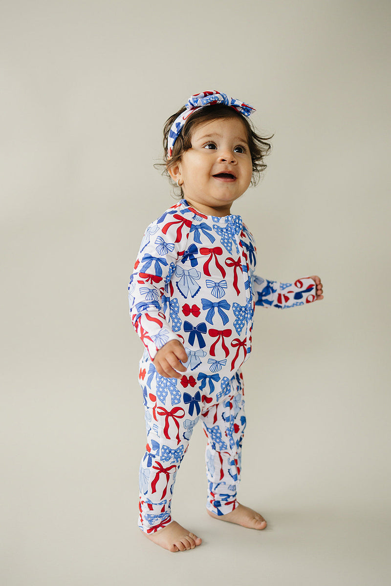 Bamboo Zip Romper  | Red-White & Bows