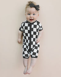 Bamboo Shorty Romper | Black Checkered