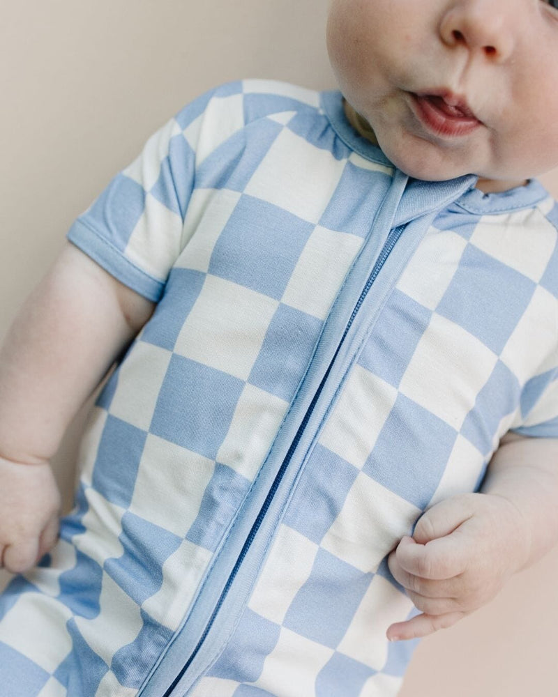 Bamboo Shorty Romper | Blue Checkered