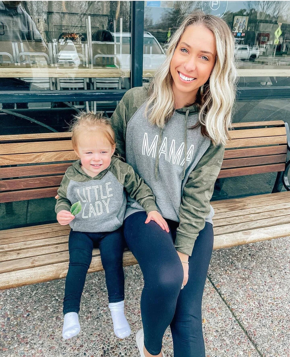 A mom and her child wearing Mama and Kid Camo Matching Hoodies