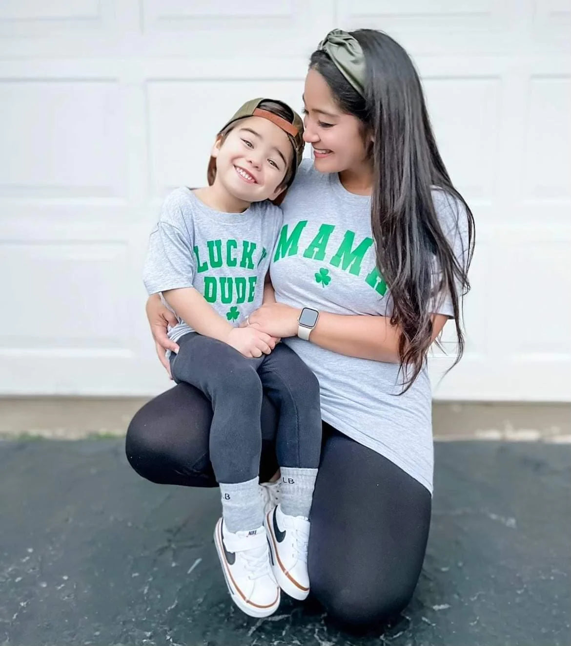 A mom and her son wearing the Mama and Lucky Dude Set