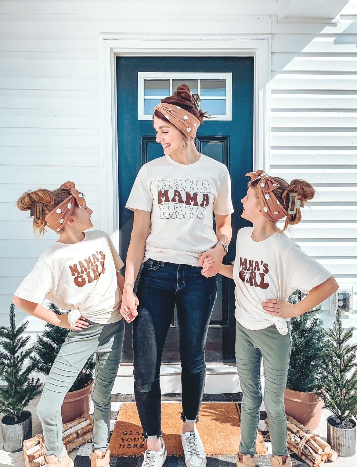 Mom and two kids in matching mama tees