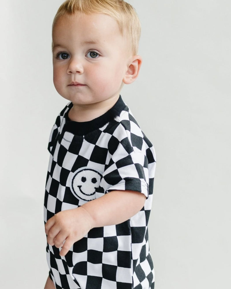 Short Sleeve Bubble Romper | Checkered Smiley Black