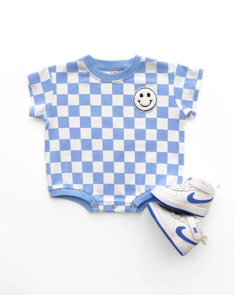 Short Sleeve Bubble Romper | Checkered Smiley Blue