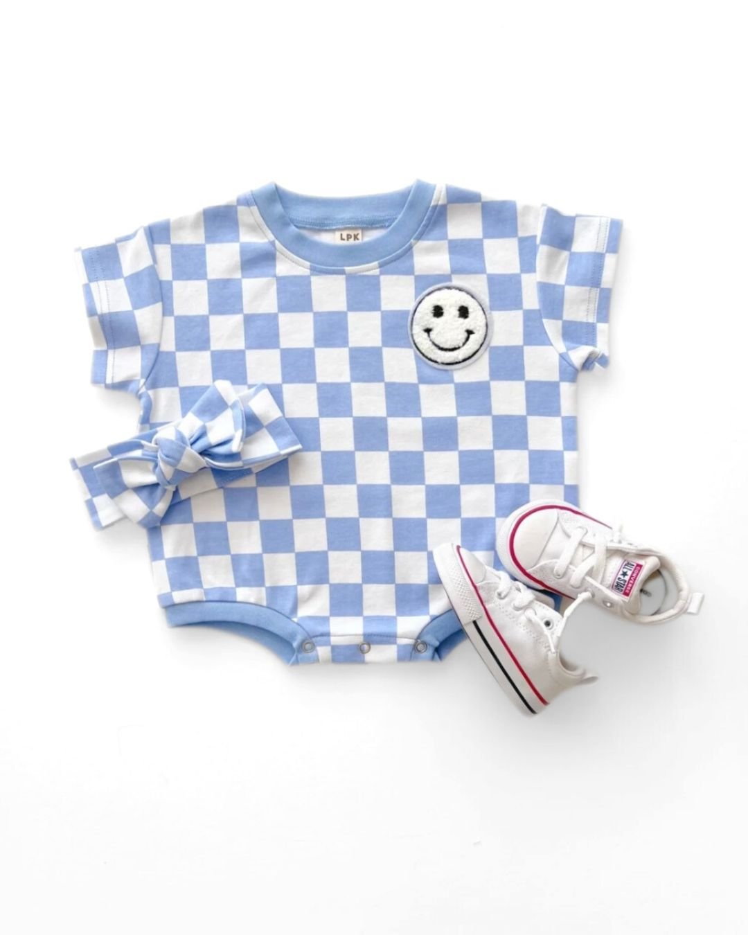 Short Sleeve Bubble Romper | Checkered Smiley Blue