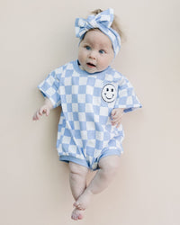 Short Sleeve Bubble Romper | Checkered Smiley Blue