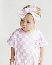 Short Sleeve Bubble Romper | Checkered Smiley Pink