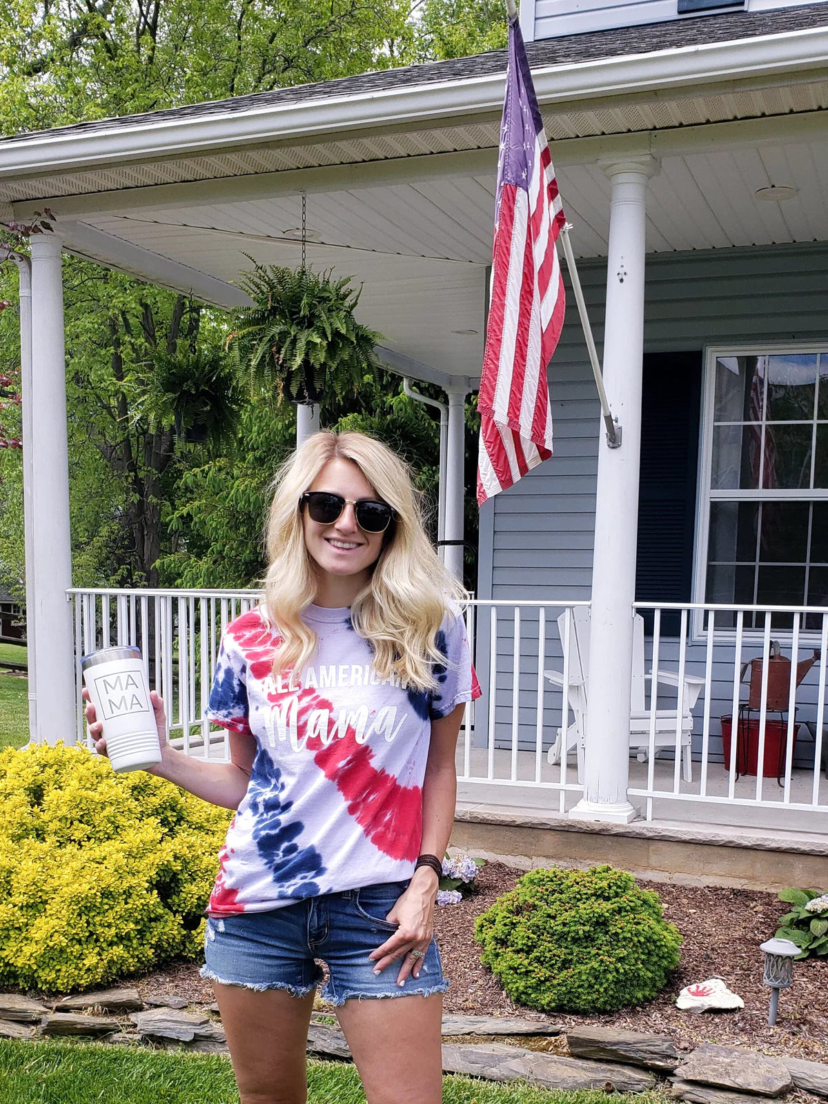 Woman wearing a 4th of July mom shirt